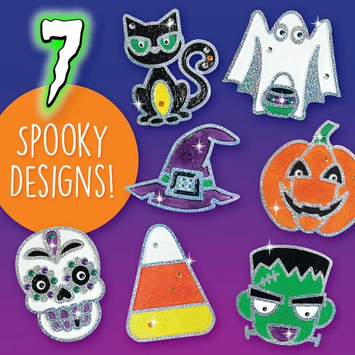 Vista 2 de Creativity for Kids Kit de arte para ventana de Halloween Crea 7 atrapasoles espeluznantes con pintura, diamantes de imitación y ojos ondulantes