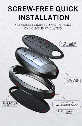 Vista 3 de ontto Funda para llave de coche para llavero Nissan, funda de 5 botones con llavero de cuero Keychian, carcasa de metal para Livina NV200 Tiida Negro
