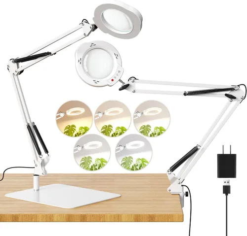 Vista 9 de 15X Magnifying Glass with Light and Clamp, 84 LED Hands-Free Lighted Magnifying Glass with Clamp, 3-Section Arm 5 Color Modes Dimming LED Desk