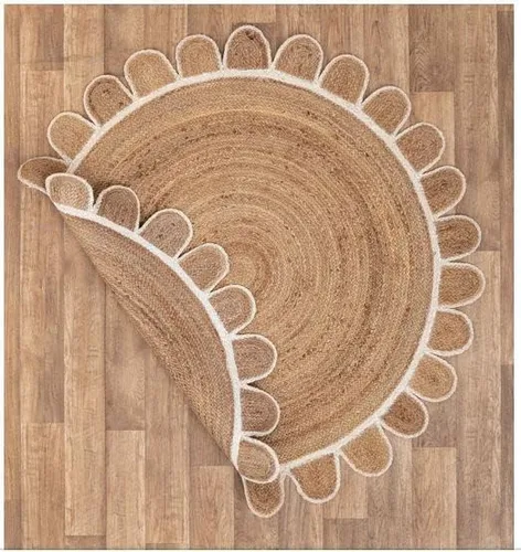 Vista 6 de Alfombra redonda de yute festoneada con borde blanco para sala de estar, cocina, oficina, exterior (2 x 2 pies/23.6 x 23.6 in, festoneada redonda)