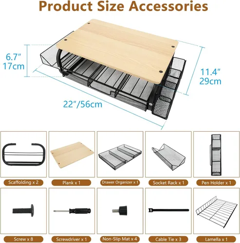 Vista 9 de Organizador de escritorio y accesorios para monitor, soporte para monitor con cajón (cajones de 2 niveles) con estante de almacenamiento lateral