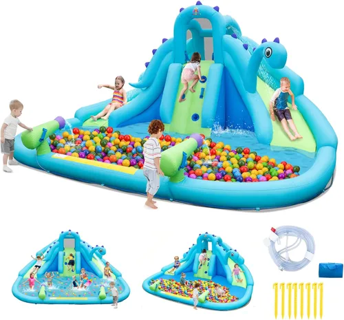 Vista 11 de BOUNTECH Parque inflable de tobogán acuático con dinosaurio, parque acuático de toboganes dobles con pared de escalada, castillo animoso