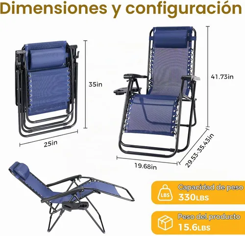 Vista 2 de NEWBULIG Juego de 2 sillas de gravedad cero, sillas reclinables plegables 3-Azul marino