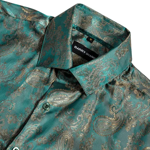 Vista 7 de Barry.Wang Camisas casuales para hombre, camisa de vestir de manga larga con estampado de cachemira de seda para fiesta de negocios, tejido