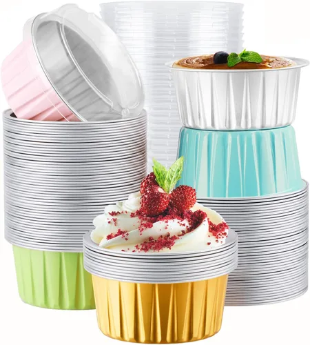 Vista 19 de EUSOAR Vasos para cupcakes con tapas, paquete de 50 forros para magdalenas de 5 onzas de colores surtidos, moldes desechables de papel de aluminio 5