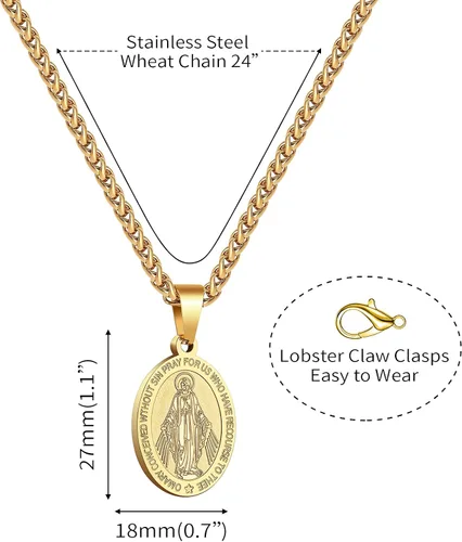 Vista 6 de RS Collar de Virgen María para hombre medalla milagrosa de acero inoxidable colgante de María de la Virgen medallón de María dije de Santa María
