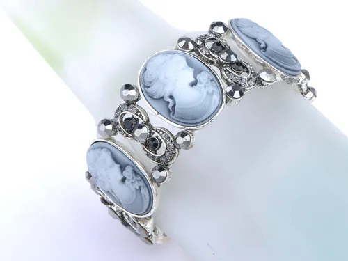 Vista 4 de Alilang Pulsera elástica de tono plateado brillante con diamantes de imitación victorianos camafeo para dama