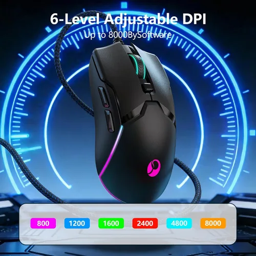 Vista 5 de Ratón para juegos con cable SPEEDORA, ratones ópticos ergonómicos de 8000 DPI con 12 modos de retroiluminación RGB, 6 botones programables, software