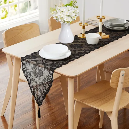 Vista 14 de ASATEX Camino de mesa de encaje de lino dorado de 14 x 36 pulgadas con 2 borlas. El patrón floral clásico y elegante es la opción ideal