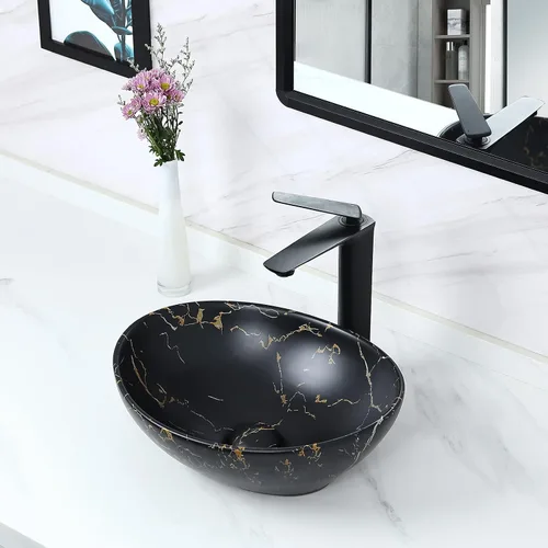 Vista 3 de Davivy Fregadero ovalado negro mate de 16 x 13.2 pulgadas con drenaje desplegable, fregaderos de baño, lavabos de baño sobre encimera, fregadero