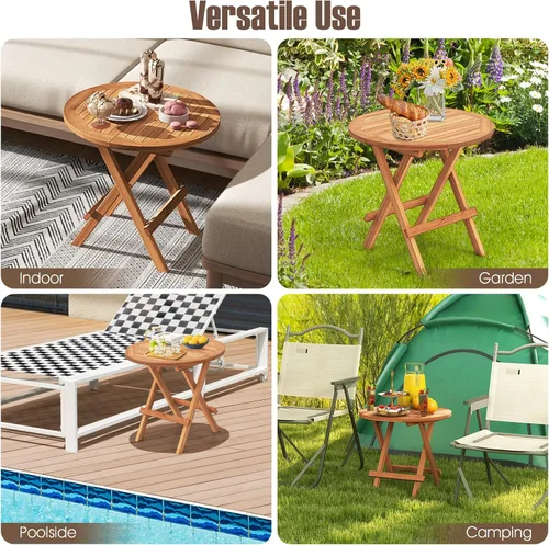 Vista 9 de RELAX4LIFE Mesa auxiliar plegable para exteriores – Mesa auxiliar de madera de teca, mesa redonda de café bistró con mesa de listones, mesa