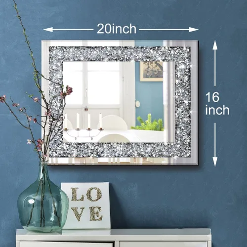 Vista 2 de QMDECOR Espejo de Pared Decorativo Rectangular Brillante para Decoración del Hogar con Decoración de Diamante Crush de Cristal Plateado