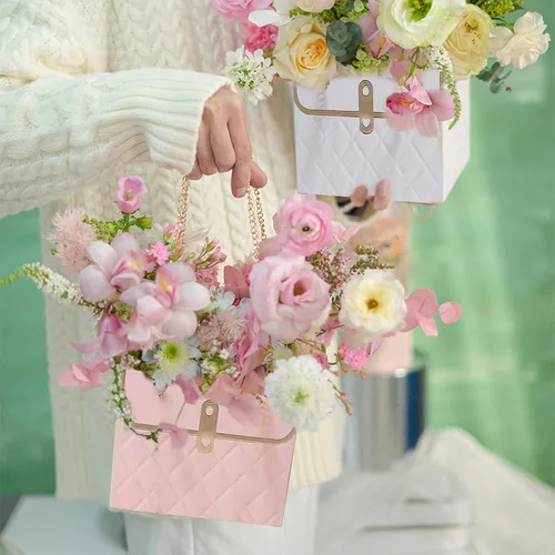 Vista 4 de Caja de regalo de papel de flores con cadena de metal, 6 unidades, cubo de almacenamiento de ramos, bolsa de floristería con asa, estuche de regalo