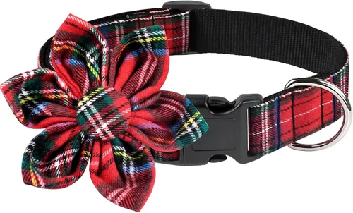 Vista 9 de Malier Collar de Navidad para perro con flor, clásico collar de perro a cuadros de búfalo con hebilla, collares de Navidad ajustables con pajarita