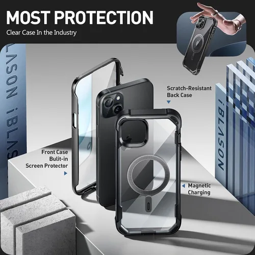 Vista 5 de i-Blason AresMag - Funda protectora transparente para iPhone 15/14/13 de 6.1 pulgadas, compatible con MagSafe, a prueba de golpes, con protector