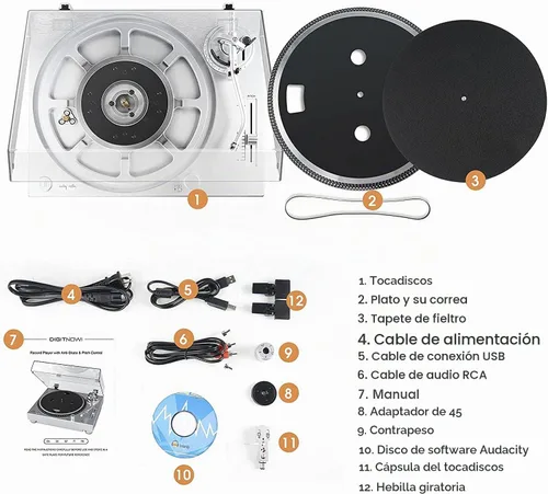 Vista 6 de DIGITNOW Tocadiscos de transmisión por correa de alta fidelidad, reproductor de discos de vinilo con cartucho magnético, conversión de vinilo a