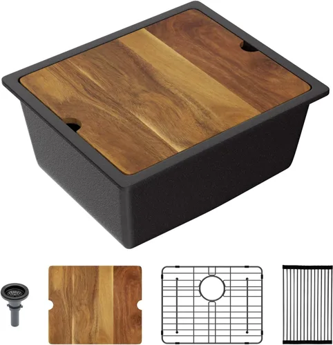 Vista 23 de Lordear Fregadero de Bar Empotrado de Granito Compuesto de 18 Pulgadas 18"x18" Fregaderos de Cocina de Cuarzo Compuesto Negro de Un Solo Tazón Bajo