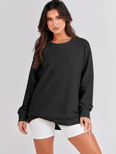 Vista 7 de ANRABESS - Sudadera de gran tamaño para mujer, cuello redondo, manga larga, tipo túnica, con cremallera lateral, sudadera con capucha, suéter