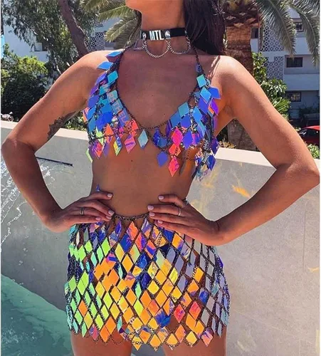 Vista 2 de Jemiwa Conjunto de faldas de brasier de lentejuelas con borlas y cadena de cuerpo para mujer, fiesta de playa, club, traje de baño