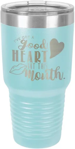 Vista 15 de Taza de viaje de acero con recubrimiento de polvo grabado por láser, con texto en inglés "IVE GOT A GOOD HEART BUT THIS MOUTH Engraved 30oz Taza