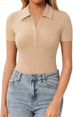 Vista 16 de HERLOLLYCHIPS Womens Short Sleeve Tops V Neck Button Down Collared Fitted Shirts