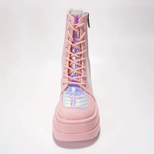 Vista 5 de Cape Robbin Botines de plataforma holográficos para mujeres, tacones gruesos en bloque, punta puntiaguda, cuero PU con correa de hebilla