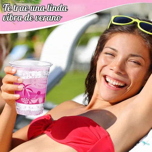 Vista 5 de Rtteri 100 vasos Luau de 12 onzas, vasos de plástico hawaiano tropical para fiesta, a granel, vasos desechables de palmera de coco y coco