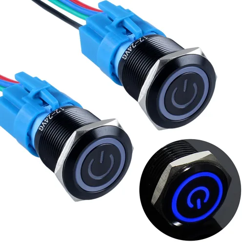 Vista 18 de 2 piezas interruptor de botón pulsador con pestillo de 16mm, 12V-24V, encendido/apagado, 1NO 1NC, impermeable IP66, carcasa de metal negro