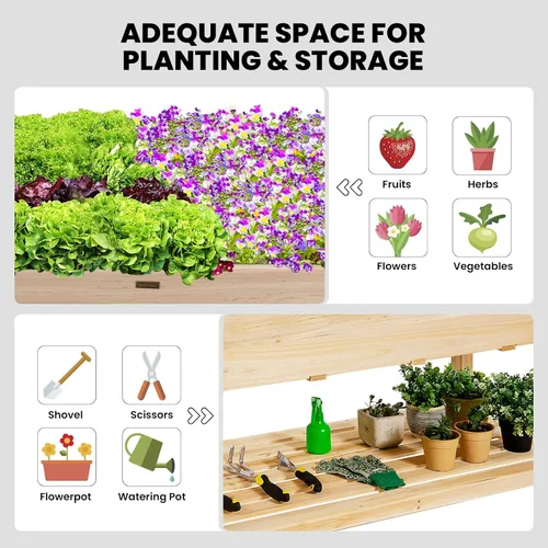 Vista 4 de COSTWAY Cama de jardín elevada con ruedas, maceta de madera con estante de almacenamiento para verduras, flores y hierbas, maceta elevada para patio