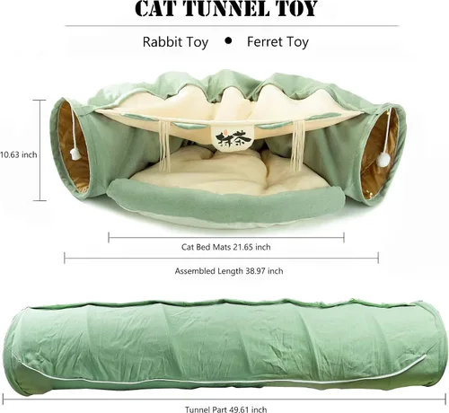 Vista 4 de Cama de túnel para gatos, 2 en 1, tubos de túnel plegables para gatos, juguetes con alfombrilla extraíble para mascotas, gatos, gatitos, cachorros