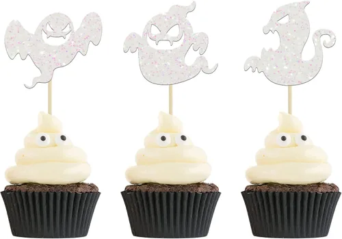 Vista 21 de 24 piezas de decoración de magdalenas Ghost One con purpurina para Halloween, fantasma, para magdalenas, decoración de magdalenas, fantasma, uno