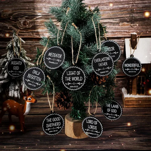 Vista 3 de Jetec 48 Piezas Adornos con Nombres de Jesús Cristo Adornos de Navidad Juego de Belén Adorno Redondo de Madera para Navidad Adorno Colgante