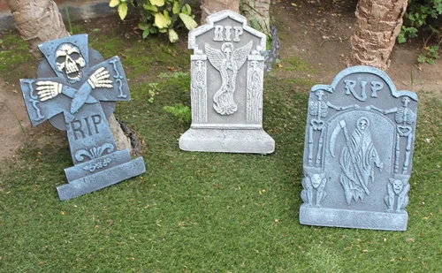 Vista 2 de Bauer Pacific Juego de 3 lápidas de espuma realistas reutilizables de 21 pulgadas para Halloween, accesorios, cementerios, casa encantada