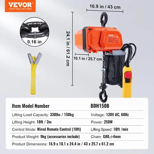 Vista 7 de VEVOR Polipasto eléctrico de cadena, capacidad de carga de 330 libras, altura de elevación de 10 pies, velocidad de 10 pies/min, 120 V, grúa