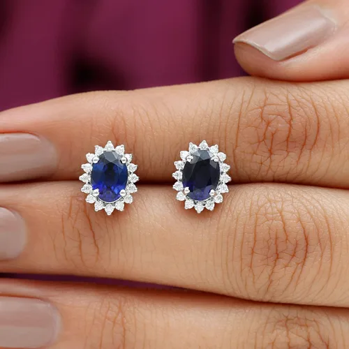 Vista 8 de Princess Diana Inspired Lab Created Blue Sapphire Earrings, Created Blue Sapphire Stud Earrings, Classic Created Blue Sapphire Earrings with