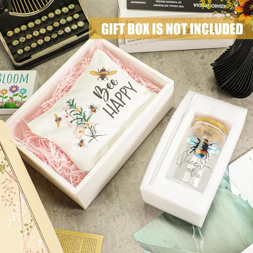 Vista 5 de Hushee - 3 piezas de regalos temáticos de abeja, bolsa de maquillaje feliz y taza de vidrio con tapa, llavero inspirador para profesores, amigas