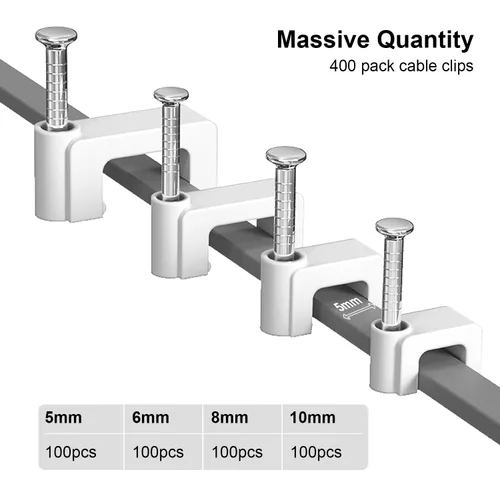 Vista 6 de Jadaol Clips para cable con clavos, paquete de 400 clips de cable (0.197 in, 0.236 in, 0.315 in, 0.394 in), clavijas planas de cable para cable