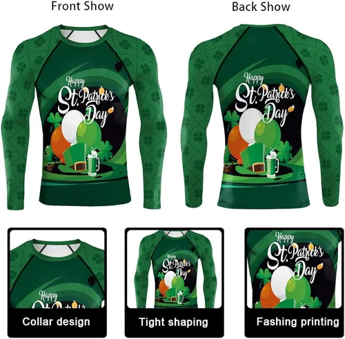 Vista 5 de Rcimuue Camiseta de compresión para hombre, con estampado irlandés 3D, camiseta deportiva para el día de San Patricio, camiseta de manga larga