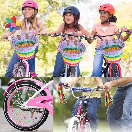 Vista 7 de Cesta de bicicleta para niñas, cesta de bicicleta ajustable para manillar delantero con serpentinas de bicicleta, juego de campana/molino de viento