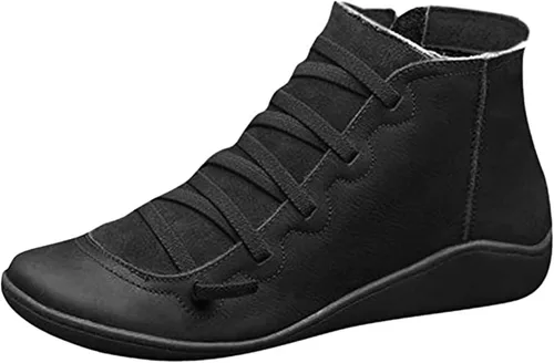 Vista 2 de Ladmiple Botas de tobillo para mujer, sin tacón, casual, con cremallera lateral, botas cortas vaqueras occidentales, zapatos para caminar