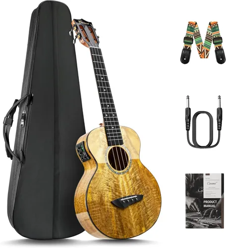 Vista 10 de Caramel Ukulele Eléctrico Tenor CT204 de Madera de Acacia Totalmente Maciza de 26 Pulgadas, Kit Profesional de Ukulele para Principiantes, Paquete