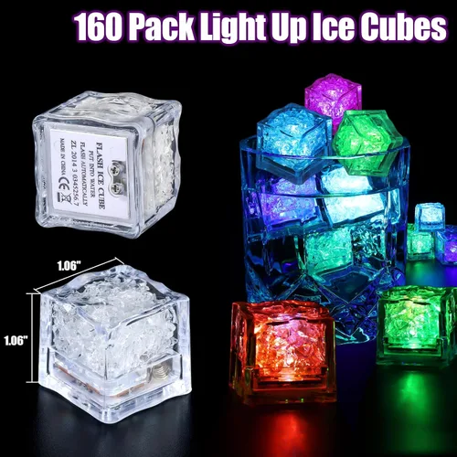 Vista 2 de Paquete de 160 cubos de hielo iluminados para bebidas, cubos de hielo LED con luces que cambian de color, activadas por agua, grado alimenticio