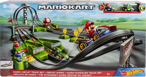 Vista 6 de Hot Wheels Mario Kart Circuit Juego de pistas y 2 vehículos de juguete, juego de carreras incluye Booster, más karts de Mario y Yoshi