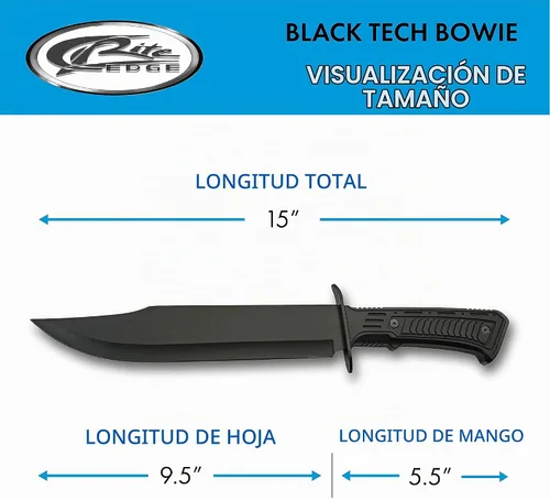 Vista 3 de SZCO Cuchillo Bowie de hoja completa de 15 pulgadas - Cuchillo negro para acampar con mango de goma, hoja de acero inoxidable y funda para caza