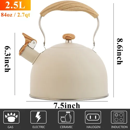 Vista 2 de Vilihkc Hervidor de té de 2.6 litros, tetera para estufa, acero inoxidable de grado alimenticio con mango plegable con patrón de madera, silbato