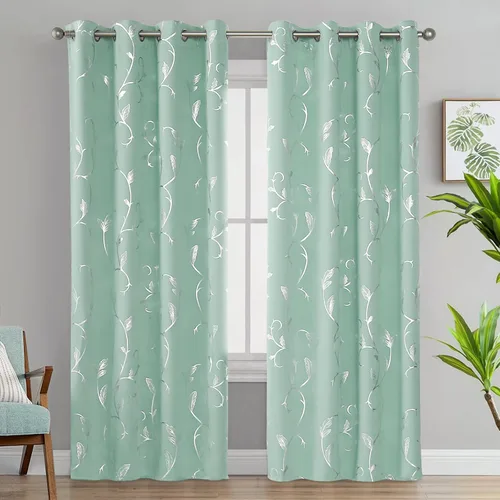 Vista 2 de BUHUA Juego de 2 paneles de cortinas opacas con estampado de vid plateada, cortinas con aislamiento térmico para oscurecer la habitación