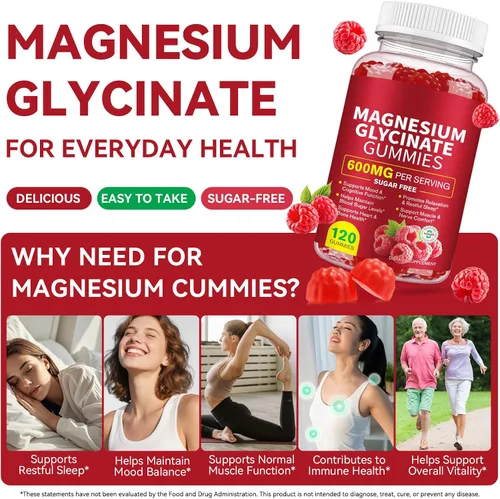 Vista 4 de Gomitas de glicinato de magnesio de 600 mg, suplemento de magnesio de alta absorción para mujeres, hombres y niños, apoyo muscular, sueño