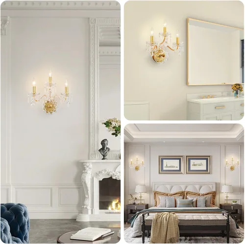 Vista 6 de WUZUPS Apliques de pared de 3 luces para dormitorio, sala de estar, baño, base E12, dorado