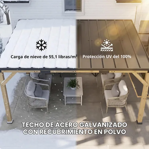Vista 3 de Outsunny Gazebo de madera de 10'x14' con techo inclinado de acero