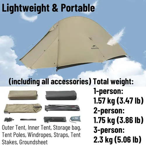 Vista 4 de Naturehike Cloud up Pro - Tienda de campaña ultraligera para 1/2/3 personas, tienda de campaña para mochileros de 3 estaciones, impermeable para un